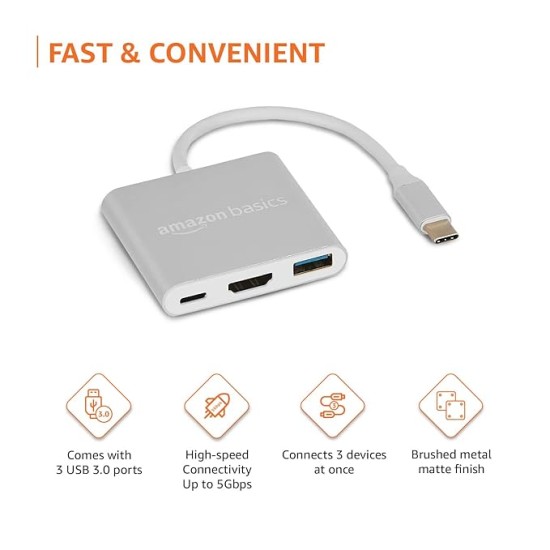 Compact Extension Adapter 3 in 1 Type C USB Hub, HD 4K HDMI with PD Charging, USB 3.0, Compact Extension Adapter, Aluminium Case (Grey)
