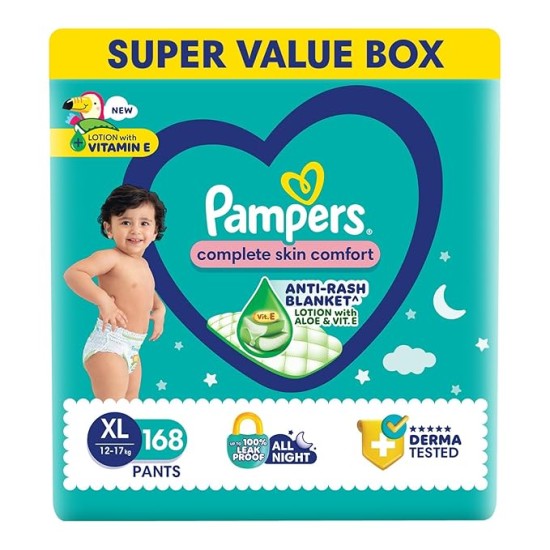 Pampers All Round Protection Pants Style Baby Diapers, Extra Large size (XL), 168 Count, 12-17kg, Anti-rash blanket, 360 degree Lotion with Aloe Vera Pampers All Round Protection Pants Style Baby Diapers, Extra Large size (XL), 168 Count, 12-17kg, Anti-rash blanket, 360 degree Lotion with Aloe Vera