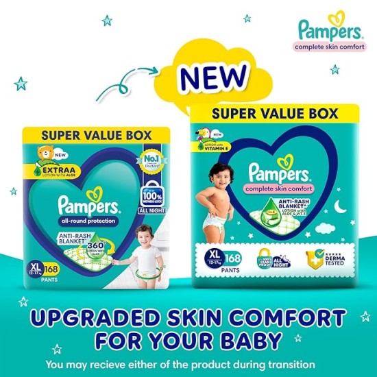 Pampers All Round Protection Pants Style Baby Diapers, Extra Large size (XL), 168 Count, 12-17kg, Anti-rash blanket, 360 degree Lotion with Aloe Vera Pampers All Round Protection Pants Style Baby Diapers, Extra Large size (XL), 168 Count, 12-17kg, Anti-rash blanket, 360 degree Lotion with Aloe Vera
