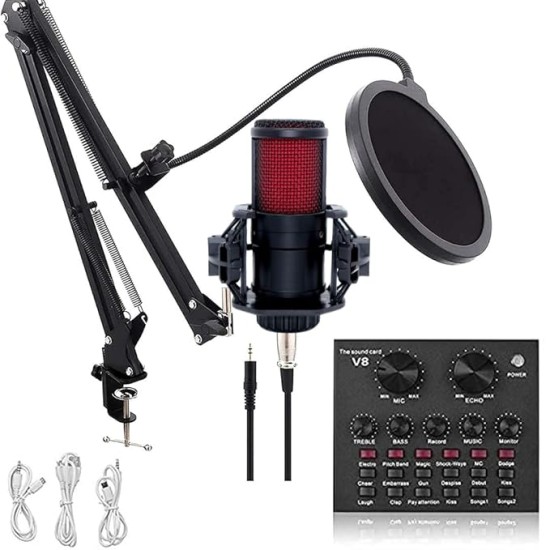 CEZO V500 Professional Condenser Auxiliary Microphone Kit Podcast Mic with V8 Sound Card Boom Arm Microphone with Stand (V500+V8 Sound Card) Black