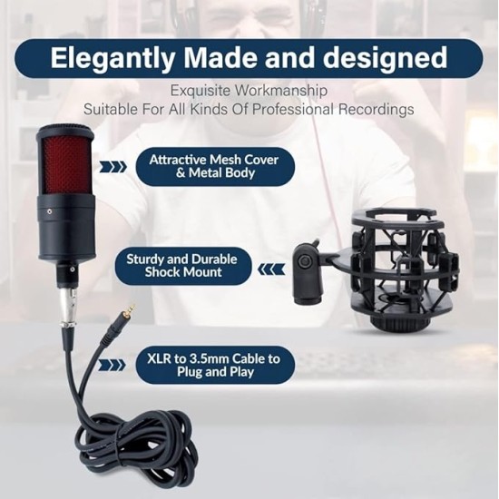 CEZO V500 Professional Condenser Auxiliary Microphone Kit Podcast Mic with V8 Sound Card Boom Arm Microphone with Stand (V500+V8 Sound Card) Black