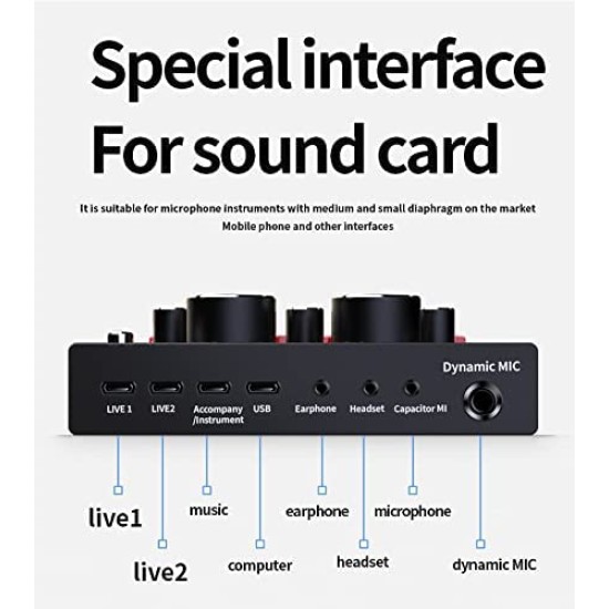 CEZO V500 Professional Condenser Auxiliary Microphone Kit Podcast Mic with V8 Sound Card Boom Arm Microphone with Stand (V500+V8 Sound Card) Black