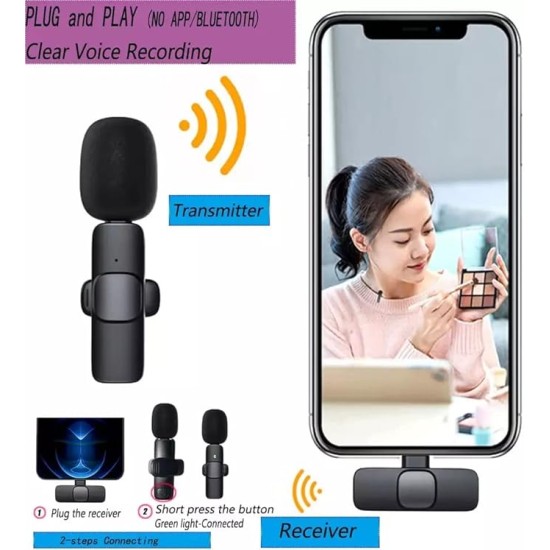 Careflection Microfone de lapela sem fio duplo K9 Plug and Play, sem necessidade de aplicativo e microfone de colarinho Bluetooth para todos os dispositivos iPhone, iPad, Mac para YouTube, transmissão