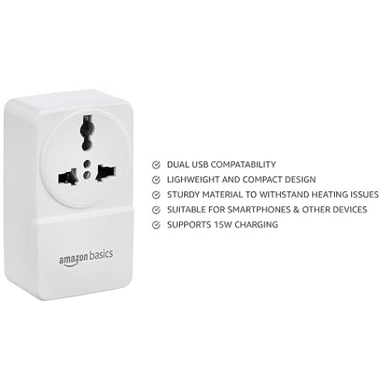USB Adaptor with 1 Universal AC Socket and 2 USB Ports (White)