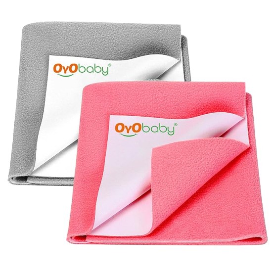 OYO BABY Extra Absorbent Waterproof Baby Dry Sheet Small Size (70x50cm) – Pack of 2 – Quick Dry Sheet for Bed Protector, Soft & Breathable Grey + Salmon Rose