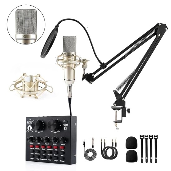 CEZO U87 Condenser Microphone Kit with V8 Sound Card Adjustable Scissor Arm Stand Shock Mount Computer Mic for Gaming, Streaming, YouTube, Voice Over, Studio, Home Recording ()