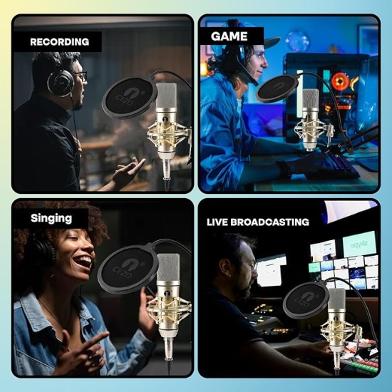 CEZO U87 Condenser Microphone Kit with V8 Sound Card Adjustable Scissor Arm Stand Shock Mount Computer Mic for Gaming, Streaming, YouTube, Voice Over, Studio, Home Recording ()