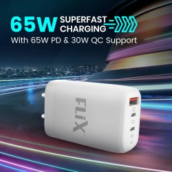 FLiX (Beetel) Storm 65W PD & QC GaN Tech Fast Charging Wall Charger for Mobile(Android/iOS), Laptop & MacBook, Triple Output (1Type A+2Type C),Wide Compatibility, with 65W Type C Cable(White - ST165) FLiX (Beetel) Storm 65W PD & QC GaN Tech Fast Charging Wall Charger for Mobile(Android/iOS), Laptop & MacBook, Triple Output (1Type A+2Type C),Wide Compatibility, with 65W Type C Cable(White - ST165)