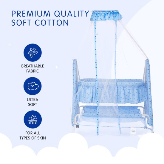 Supples Baby Cradle with Swing and Mosquito Net | Blue | for Babies up to 10 Months | Sturdy and Safe Design | 4 Wheels with Brakes | with Swing Lock and Storage