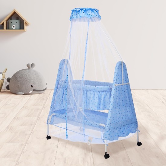 Supples Baby Cradle with Swing and Mosquito Net | Blue | for Babies up to 10 Months | Sturdy and Safe Design | 4 Wheels with Brakes | with Swing Lock and Storage