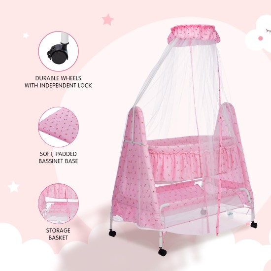 Supples Baby Cradle with Swing and Mosquito Net | Pink | for Babies up to 10 Months | Sturdy and Safe Design | 4 Wheels with Brakes | with Swing Lock and Storage