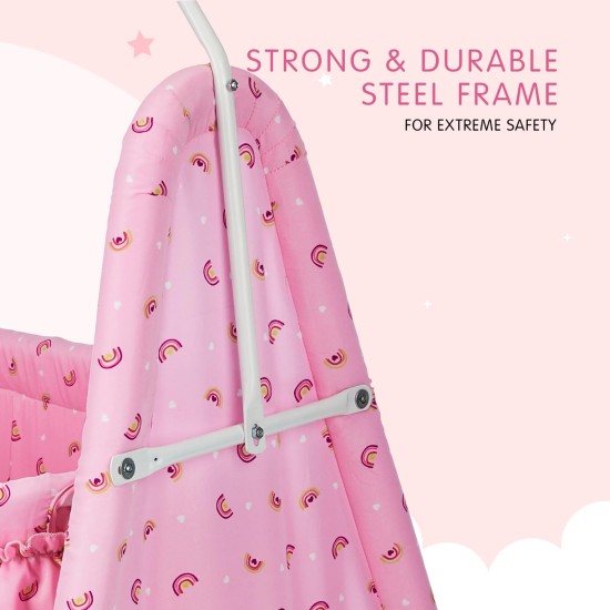 Supples Baby Cradle with Swing and Mosquito Net | Pink | for Babies up to 10 Months | Sturdy and Safe Design | 4 Wheels with Brakes | with Swing Lock and Storage