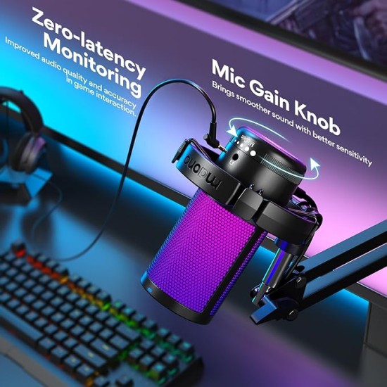 Maono RGB Condenser Mic with Noise Cancellation, USB Gaming Podcast Microphone with Adjustable RGB Lights, 1-Click Mute, Mic Gain, 0-Lantency Monitoring for YouTube Video Recording, PC (DGM20S-Black)