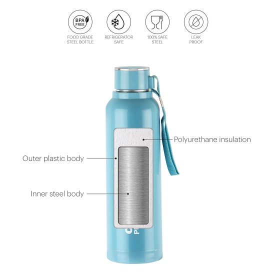 Cello Puro Steel-X Benz 900 | Leak Proof| Wide Mouth & Easy to Open | Insulated Inner Steel Water Bottle | 730ml | Turquoise