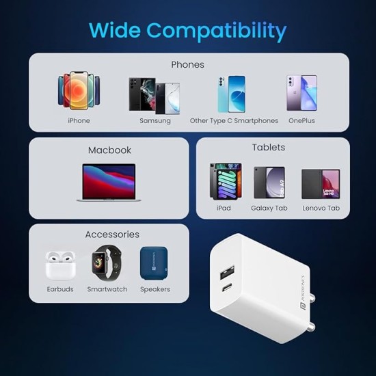 Portronics Adapto 70 33W Fast Charger Adapter with Dual Output (USB + Type C) Supports PPS Charging Via Type C Port, 27W Dash, Warp 27W, Dart, Super Dart 27W(White)