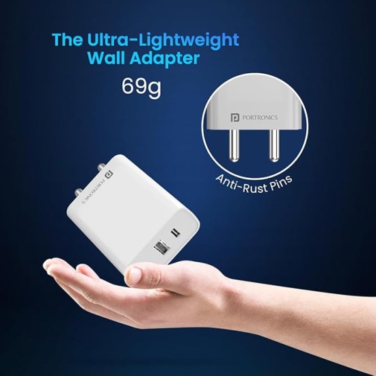 Portronics Adapto 70 33W Fast Charger Adapter with Dual Output (USB + Type C) Supports PPS Charging Via Type C Port, 27W Dash, Warp 27W, Dart, Super Dart 27W(White)