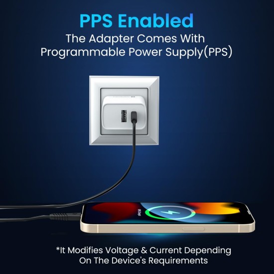 Portronics Adapto 70 33W Fast Charger Adapter with Dual Output (USB + Type C) Supports PPS Charging Via Type C Port, 27W Dash, Warp 27W, Dart, Super Dart 27W(White)