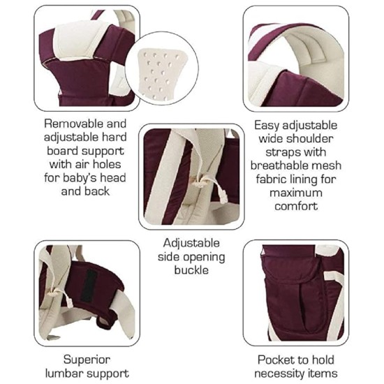 BabyGo Kids 4-in-1 Adjustable Baby Carrier Cum Kangaroo Bag | Multiple Carry Positions: Front, Back, Hip - Comfortable & Adjustable with Safety Belt and Buckle Straps (Purple)