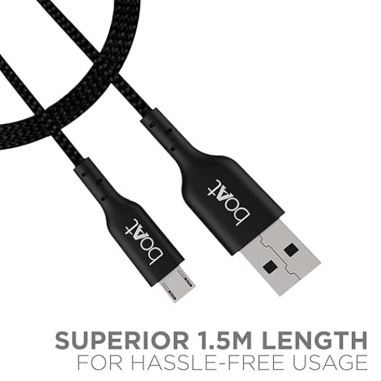 boAt Micro USB 150 Tangle-free, Sturdy Micro USB Cable with 3A Fast Charging & 480mbps Data Transmission, 10000+ Bends Lifespan & Extended 1.5m Length Black)
