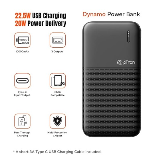 pTron Newly Launched Dynamo 10000mAh 22.5W Power Bank, Made in India, 20W PD Fast Charging, 3 Output, 2 Input Ports Type-C/PD & Micro USB, Li-Polymer Battery & Multiple Layers of Protection (Black)