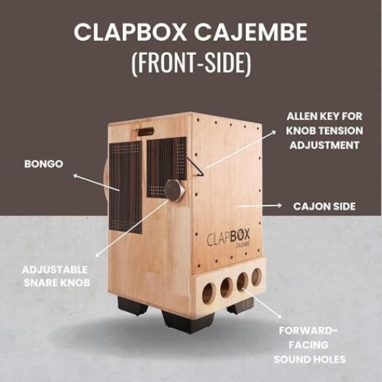 Clapbox Cajembe Cajon (3 instruments in 1) - Rubber wood (H:50 W:30 L:30) 3 Internal Snares, Natural
