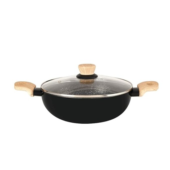 Bergner Bellini Plus Aura 5-Layer Non-Stick 22 cm Kadai with Glass Lid, 2.9 Litres Kadhai with Soft Touch Wooden Finish Handle, 3.2mm Thickness, Induction Bottom and Gas Stove Ready, 1-Year Warranty