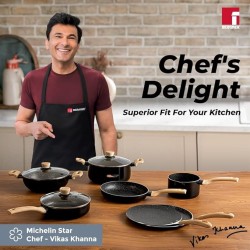 Bergner Bellini Plus Aura 5-Layer Non-Stick 22 cm Kadai with Glass Lid, 2.9 Litres Kadhai with Soft Touch Wooden Finish Handle, 3.2mm Thickness, Induction Bottom and Gas Stove Ready, 1-Year Warranty