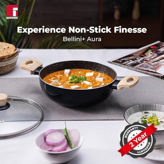 Bergner Bellini Plus Aura 5-Layer Non-Stick 22 cm Kadai with Glass Lid, 2.9 Litres Kadhai with Soft Touch Wooden Finish Handle, 3.2mm Thickness, Induction Bottom and Gas Stove Ready, 1-Year Warranty