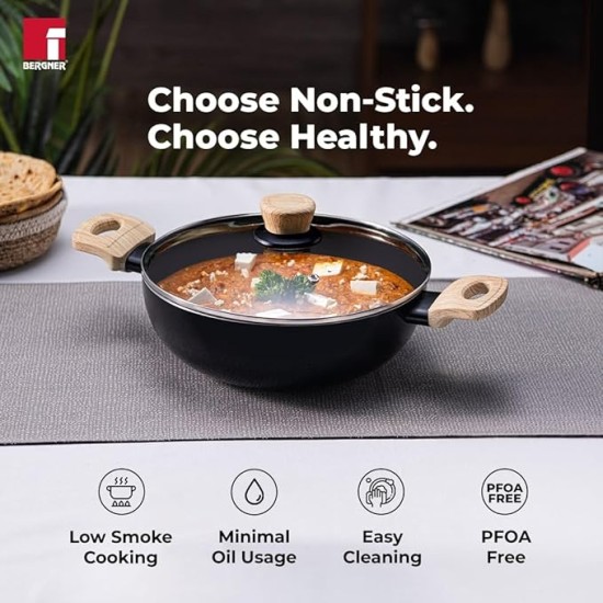 Bergner Bellini Plus Aura 5-Layer Non-Stick 22 cm Kadai with Glass Lid, 2.9 Litres Kadhai with Soft Touch Wooden Finish Handle, 3.2mm Thickness, Induction Bottom and Gas Stove Ready, 1-Year Warranty