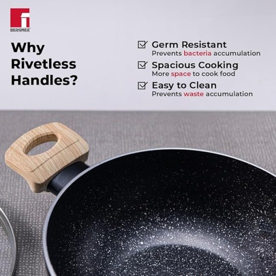 Bergner Bellini Plus Aura 5-Layer Non-Stick 22 cm Kadai with Glass Lid, 2.9 Litres Kadhai with Soft Touch Wooden Finish Handle, 3.2mm Thickness, Induction Bottom and Gas Stove Ready, 1-Year Warranty