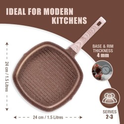 Wonderchef Duralife Die-cast Grill Pan | 5 Layer Healthy Duramax Non-Stick Coating | Soft Touch Handle | Pure Grade Aluminium | PFOA Free | 1.5 liters, 24 cm | 2 Year Warranty Copper