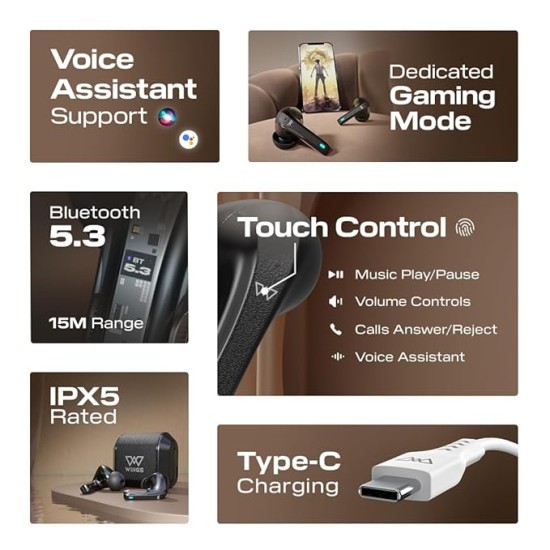 Wings Flobuds 300 Made in Inida Wireless TWS in Ear Earbuds with Leather-Look Finish, Smart Enc, 50 Hrs Total Playtime, Gaming Mode 40 Ms, 13Mm Drivers, Voice Assistant Support