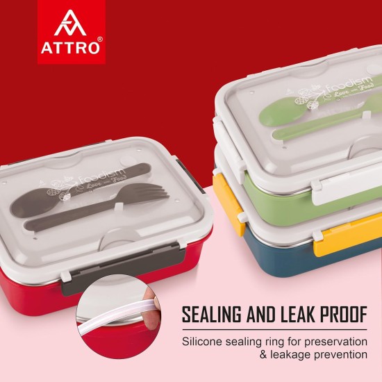 Attro Food Eat 3 Compartment Stainless Steel Lunch Box with Plastic Cutlery Inside, Heating & Water Insulation Design Use for Office, School & Travelling, 750 Ml - Red Attro Food Eat 3 Compartment Stainless Steel Lunch Box with Plastic Cutlery Inside, Heating & Water Insulation Design Use for Office, School & Travelling, 750 Ml - Red