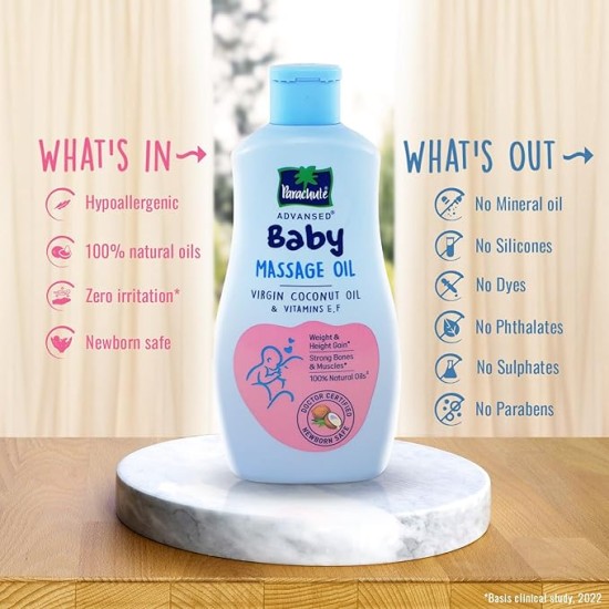 Parachute Advansed Baby Massage Oil for New Born| 100% Virgin Coconut Oil | Clinically Proven for Better Growth| Vitamin E & F| 200 Ml