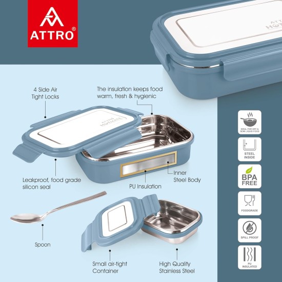 Attro Lunchmate Stainless Steel Insulated Airtight Leak-Proof Lunch Box Unbreakable Lid,Snacks Tiffin for Kids,Light Weight,Easy Clean for Office,School,Picnic&Travelling,800 Ml - Pastel Blue