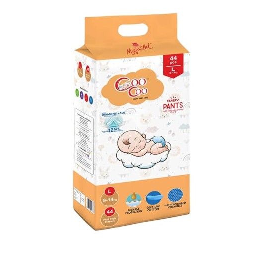 Coo Coo Extra Dry Baby Pullup Diaper Pant Size Large-L (44) Count Upto 9-14 Kg Super Absorbent Core Up to 12 Hrs Protection Soft Elastic Waist & Leakage Protection Size Large-L (44 Pieces), White