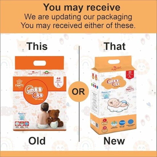 Coo Coo Extra Dry Baby Pullup Diaper Pant Size Large-L (44) Count Upto 9-14 Kg Super Absorbent Core Up to 12 Hrs Protection Soft Elastic Waist & Leakage Protection Size Large-L (44 Pieces), White