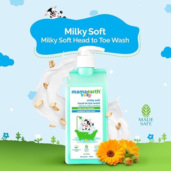 Mamaearth Milky Soft Head to Toe Wash With Oats, Milk, and Calendula for Babies | 2-in-1 Tear-Free Body Wash & Shampoo | Moisturizes and Soothes Skin | 400 ml