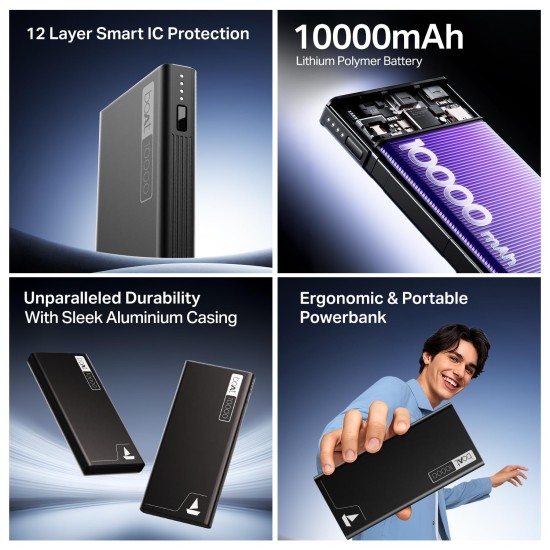 boAt Energyshroom PB300 Powerbank with 10000mAh Battery, 22.5w Fast Charging, 12-Layer Smart IC Protection, LED Indicators and Aluminum Alloy Casing USB Type-C Input (Carbon Black)