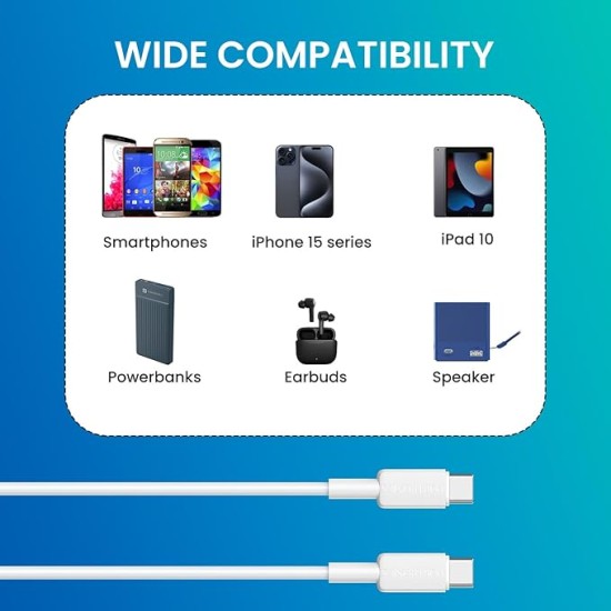 Portronics Konnect Link C Square 60W Type C Fast Charging PD Cable with 480Mbps Data Sync Compatible with Smartphones, iPhone 15 series, MacBook and Other Type C devices 1M Length