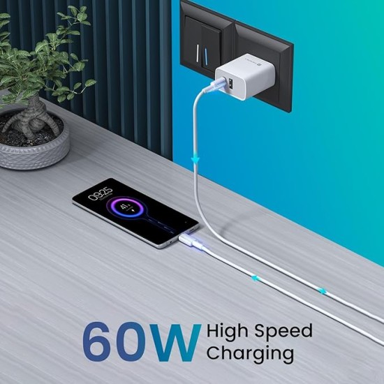 Portronics Konnect Link C Square 60W Type C Fast Charging PD Cable with 480Mbps Data Sync Compatible with Smartphones, iPhone 15 series, MacBook and Other Type C devices 1M Length