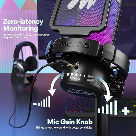 MAONO RGB Condenser Gaming Mic, USB Podcast Microphone with Active Noise Cancellation, Mic Gain, 1-Click Mute, Adjustable RGB Light for YouTube Recording, PC, Laptop (DGM20-Black) MAONO RGB Condenser Gaming Mic, USB Podcast Microphone with Active Noise Cancellation, Mic Gain, 1-Click Mute, Adjustable RGB Light for YouTube Recording, PC, Laptop (DGM20-Black)