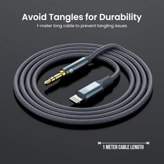Portronics ikonnect L+ 8Pin to 3.5mm Aux Cable with 1M Length, Nylon Braided, Metal Heads, Gold Plated Connector Compatible with Cars, Mobiles, Headphones & Home Theatres(Black)