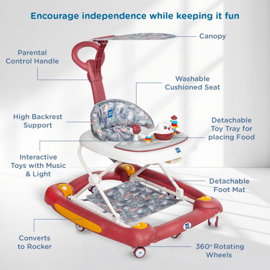 Mee Mee 2-in-1 Baby Walker & Rocker with Parental Push Handle, 3 Level Height Adjustable with Light & Musical Toys, 360° Rotating Wheels, Cushioned Walker for Baby 6-18 Months, Upto 15 Kg (Red) Mee Mee 2-in-1 Baby Walker & Rocker with Parental Push Handle, 3 Level Height Adjustable with Light & Musical Toys, 360° Rotating Wheels, Cushioned Walker for Baby 6-18 Months, Upto 15 Kg (Red)