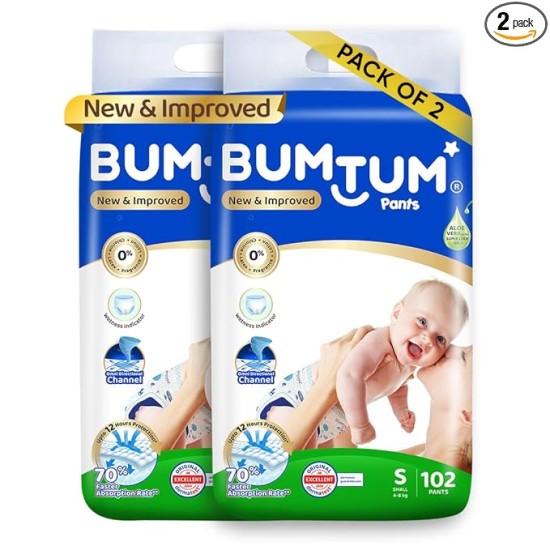 Bumtum Baby Diaper Pants, Small Size, 204 Count, Double Layer Leakage Protection Infused With Aloe Vera, Cottony Soft High Absorb Technology Bumtum Baby Diaper Pants, Small Size, 204 Count, Double Layer Leakage Protection Infused With Aloe Vera, Cottony Soft High Absorb Technology