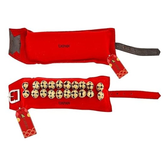 UAPAN 2 line Brass Ghungroo Ankle Bells Velvet Red Pad for Classical,Baratnatyam,Odissi,Kathak Dance with Adjustable Strap (Valvet, Belt)