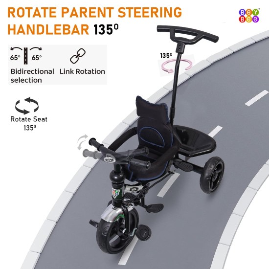 BeyBee| Beta Secure Baby Tricycle for Kids with Sun Canopy & Parents Handle and Also with a Storage Basket Back Side | Color Wheels for Boys and Girls for Age 1 to 5 yrs (Black) BeyBee| Beta Secure Baby Tricycle for Kids with Sun Canopy & Parents Handle and Also with a Storage Basket Back Side | Color Wheels for Boys and Girls for Age 1 to 5 yrs (Black)