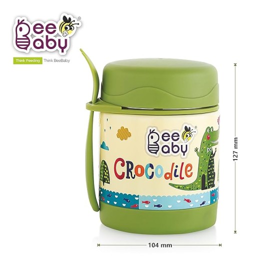 BEEBABY Steelios Double Vacuum Wall Insulated Food Jar Container with Spork (Spoon+Fork). Made of Food Grade Stainless Steel (SS304) for Toddlers, Babies. 100% BPA Free. 325 ML (Crocodile_Green)