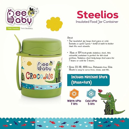 BEEBABY Steelios Double Vacuum Wall Insulated Food Jar Container with Spork (Spoon+Fork). Made of Food Grade Stainless Steel (SS304) for Toddlers, Babies. 100% BPA Free. 325 ML (Crocodile_Green)
