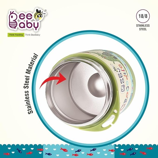 BEEBABY Steelios Double Vacuum Wall Insulated Food Jar Container with Spork (Spoon+Fork). Made of Food Grade Stainless Steel (SS304) for Toddlers, Babies. 100% BPA Free. 325 ML (Crocodile_Green)